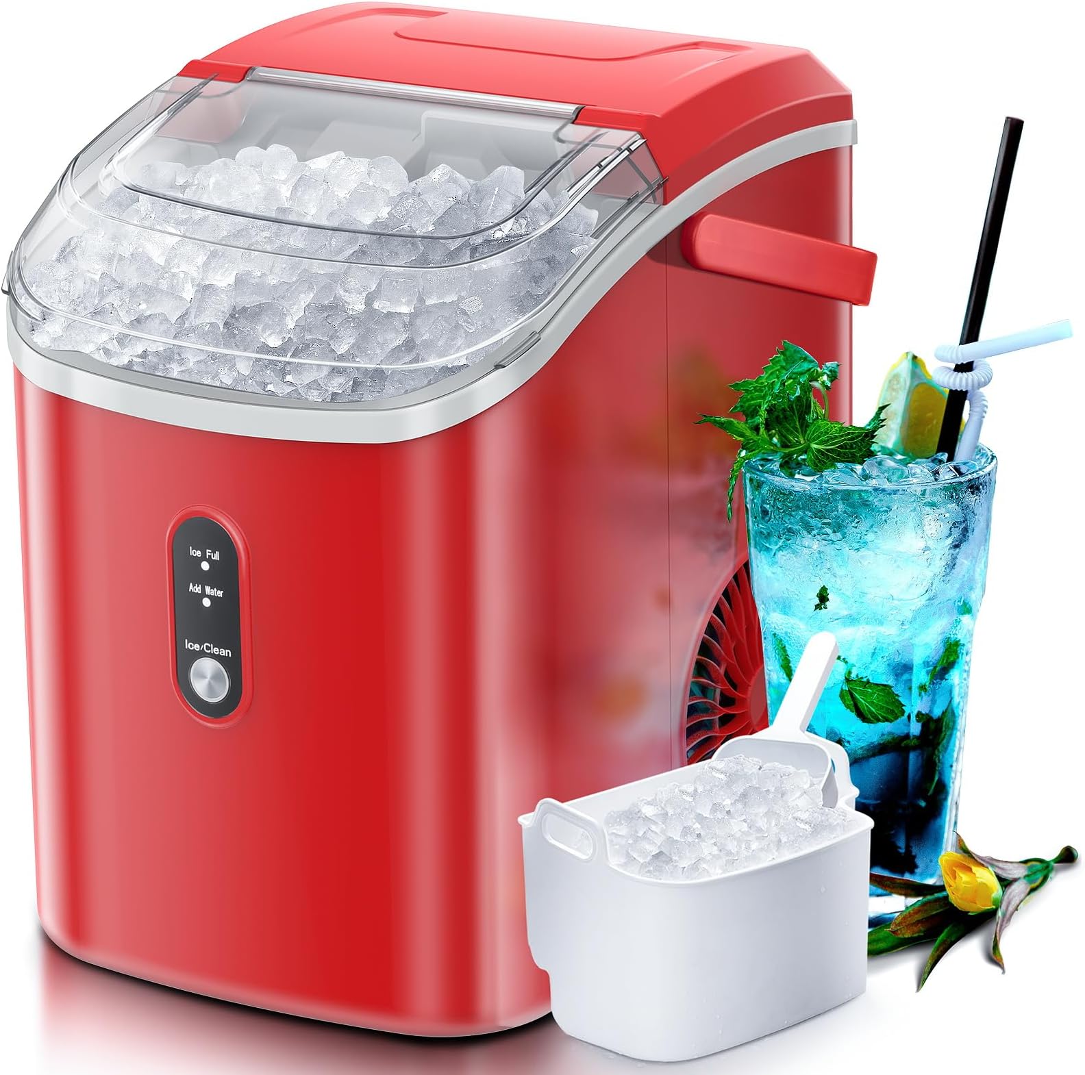 Nugget Countertop Crushed Ice Maker with Soft Chewable Ice, Automatic 34lbs in 24 Hours, Pebble Portable Ice Machine with Ice Scoop, Self-Cleaning, One-Click Operation, for Kitchen, Office Red