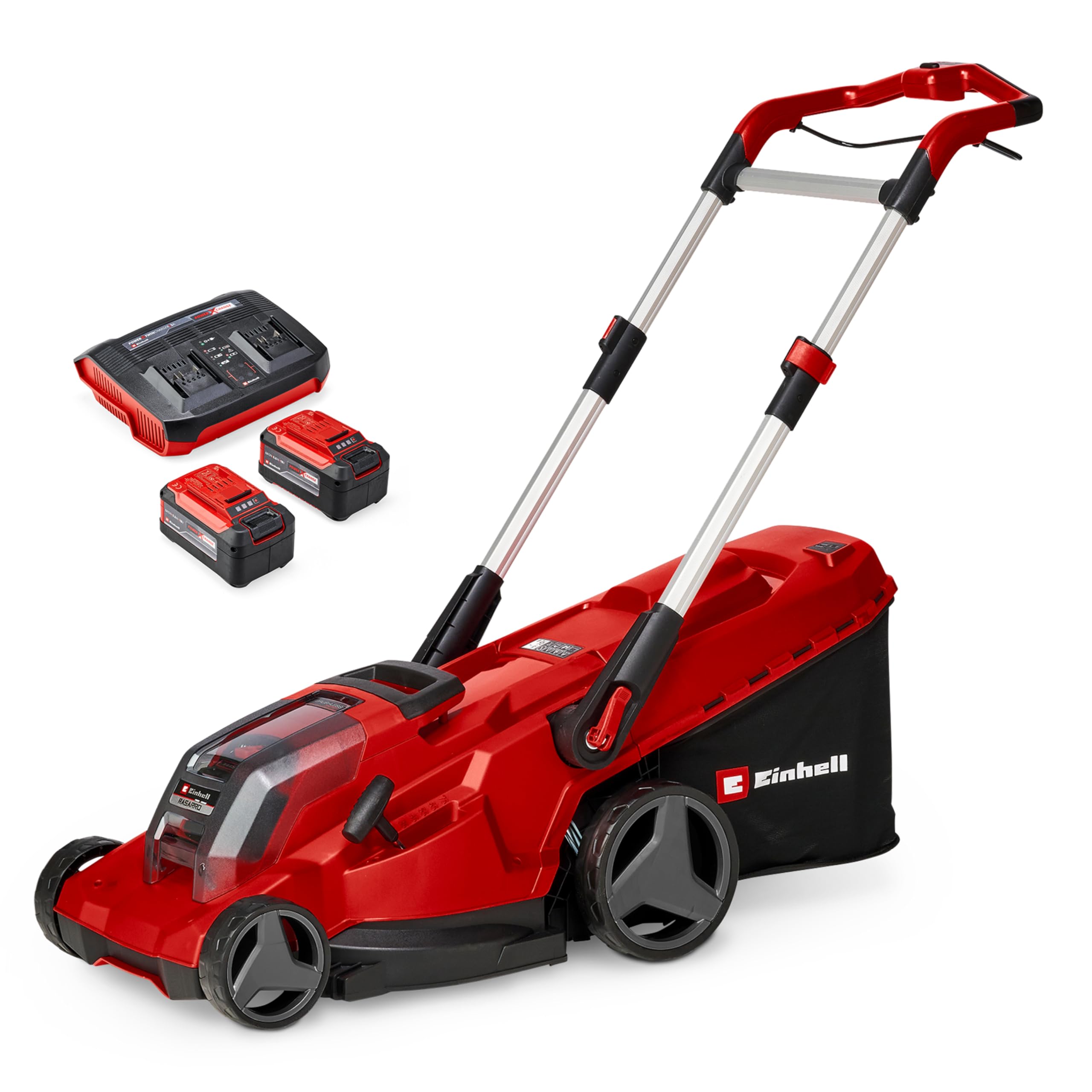 Tagliaerba a batteria Einhell RASARRO 36/​42 Kit Power X-​Change (36V, larghezza taglio 42 cm, fino a 725 m², Brushless, contenitore raccolta 50 l, funzione pacciamatura, incl. 2x5,​2 Ah+​1x Twincharger)