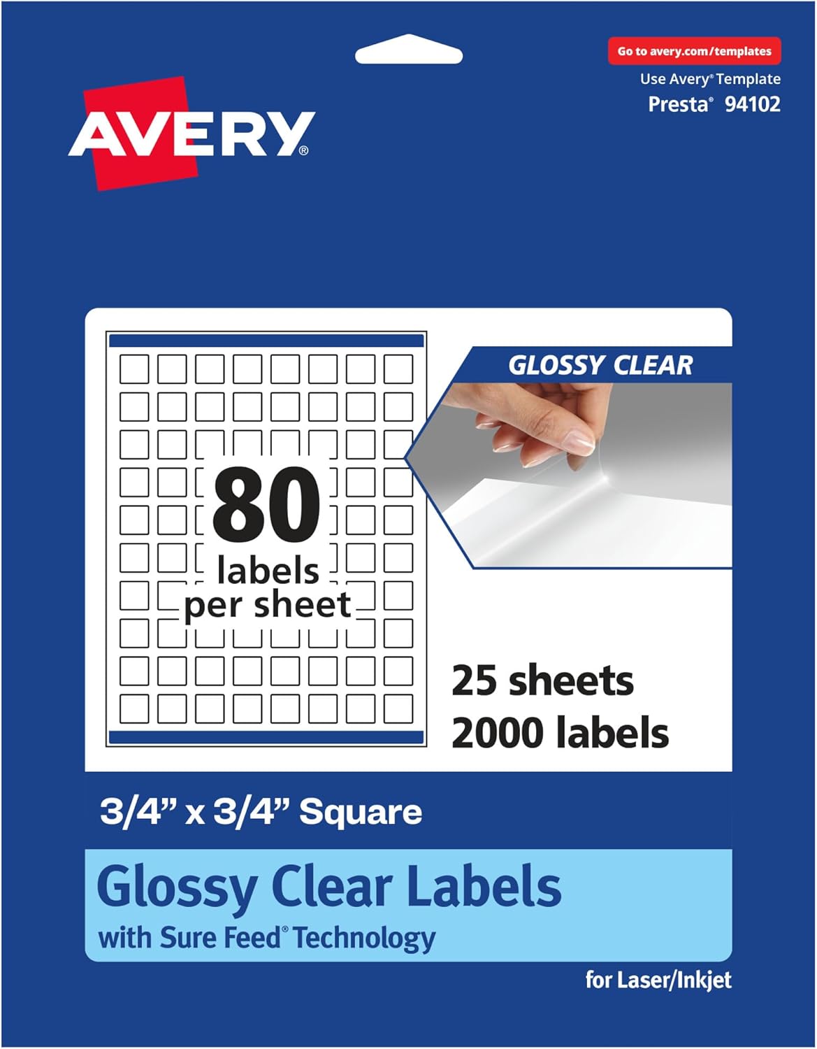 Avery Glossy Clear Square Labels, Sure Feed Technology, 3/4" x 3/4", 8,000 Glossy Clear Labels, Print-to-The-Edge, Laser/Inkjet Printable