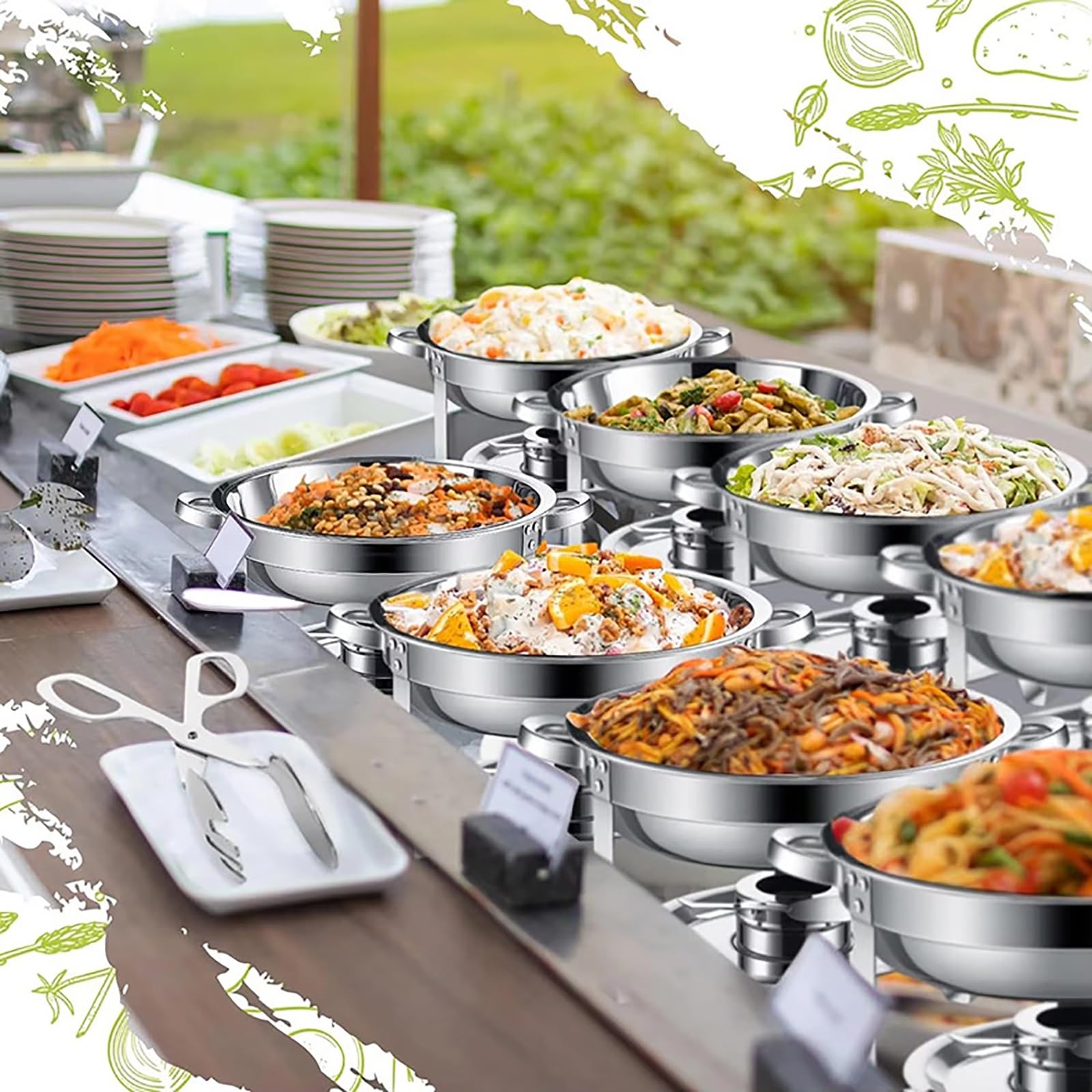 Juego de calentador de buffet, plato de acero inoxidable de 4 cuartos con bandeja de agua, platos calientes para catering, servicio de alimentos, fiestas y eventos, ideal para bufés y banquetes