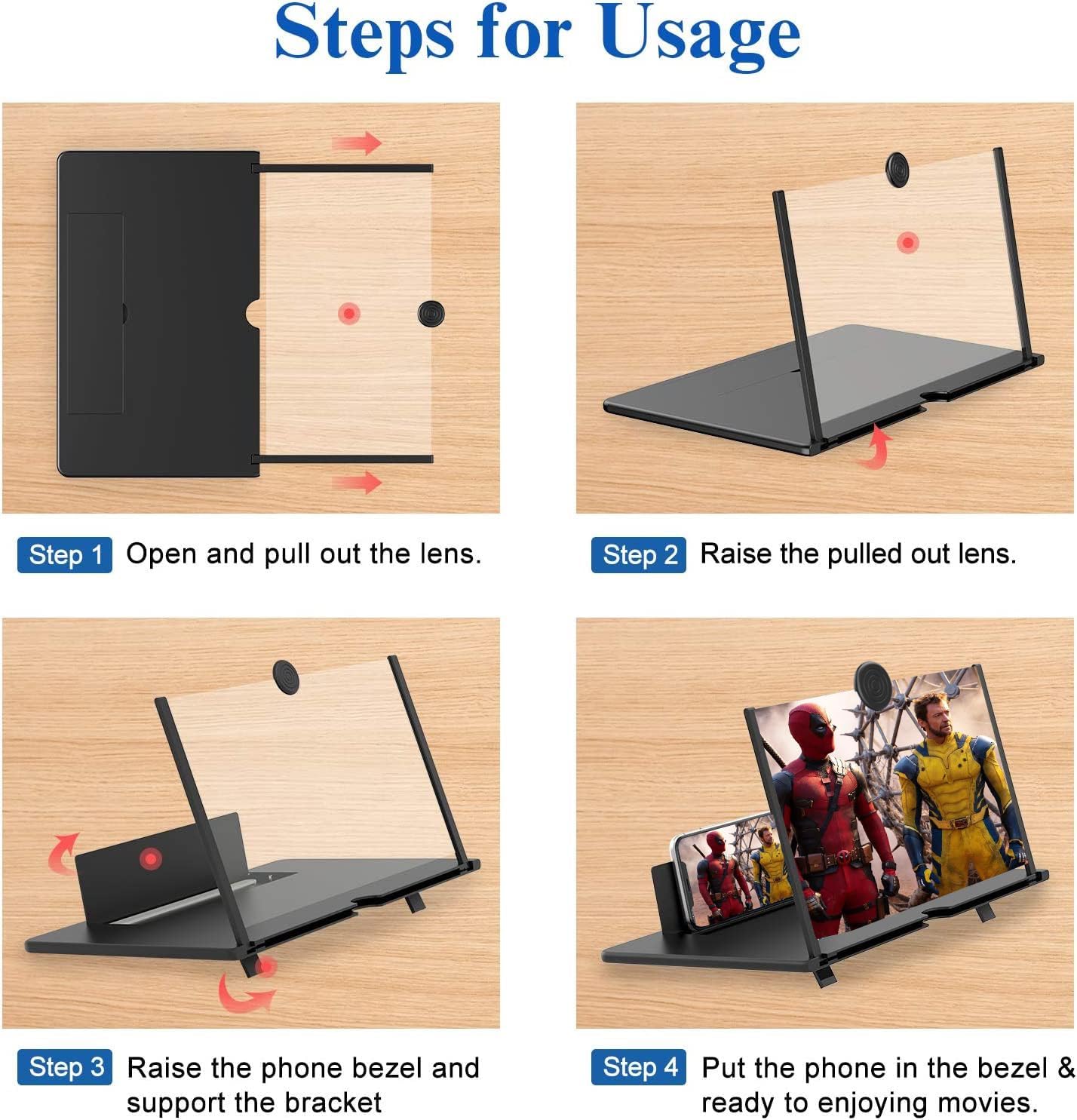 18" Screen Magnifier for Mobile Phone,3D HD Cell Phone Magnifying Projector Screen Enlarger for Movies, Videos, and Gaming,Foldable Phone Stand with Screen Amplifier,Supports All Smartphones (Black)