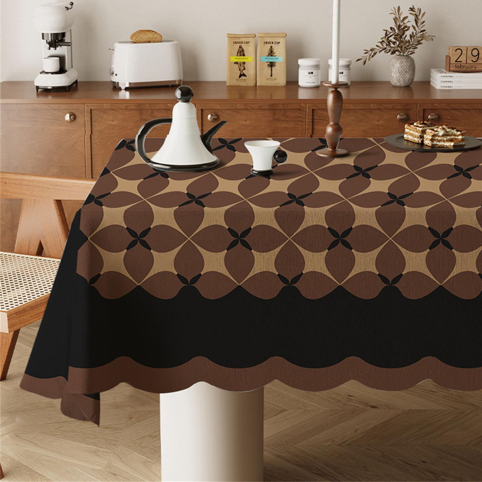 Odot Wipe Clean Tablecloths - Square, Stain Resistant Traditional French Style Cotton and Linen Rectangular Table Cover for Kitchen, Dining, Coffee Table (Black brown,90x90cm)