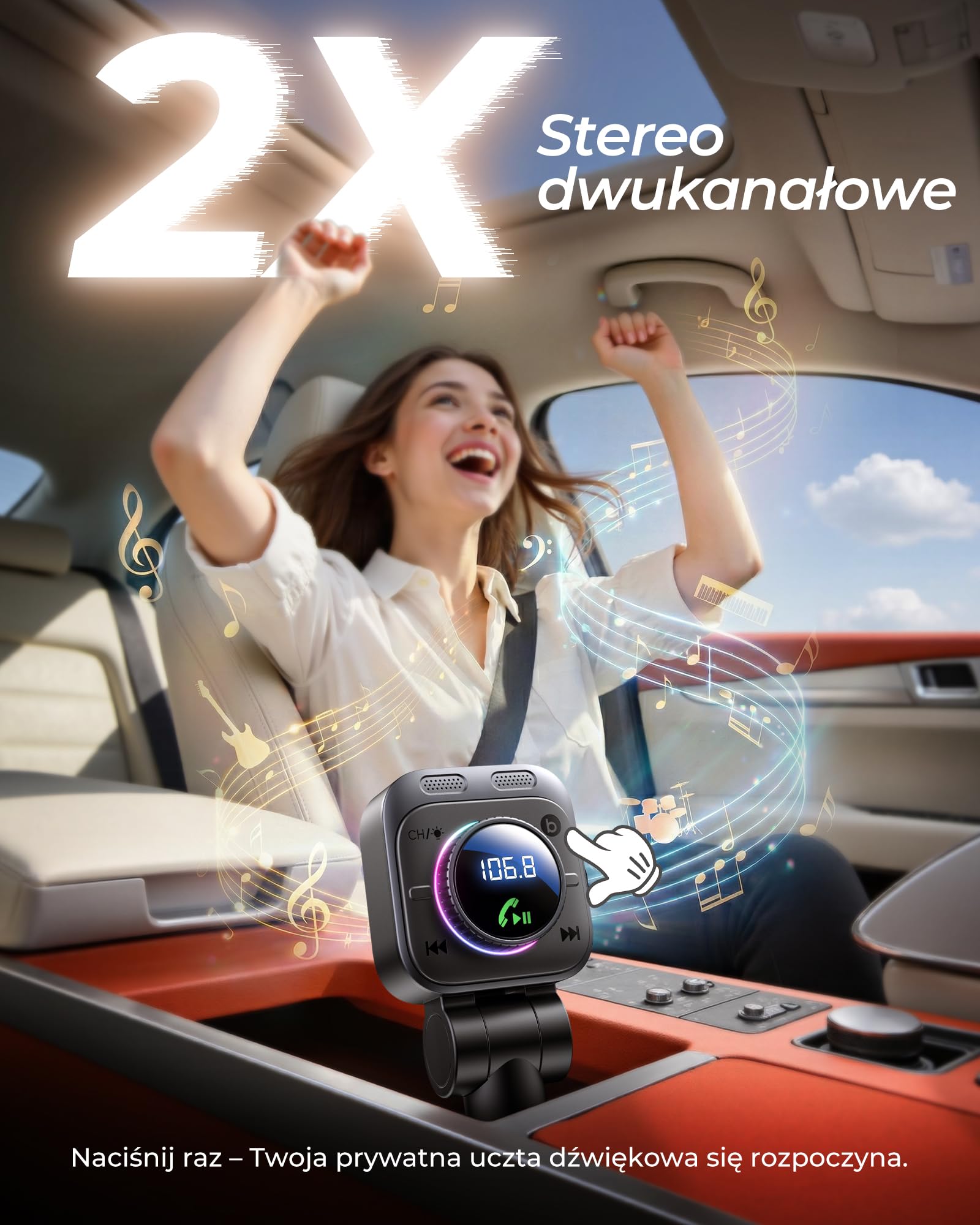 LENCENT Samochodowy nadajnik FM 72 W, Bluetooth 5.4, adapter Bluetooth | z wyciąganym kablem do ładowania, zapalniczka z gniazdem USB-C, basem i zestawem głośnomówiącym, muzyczny, obracany o 180