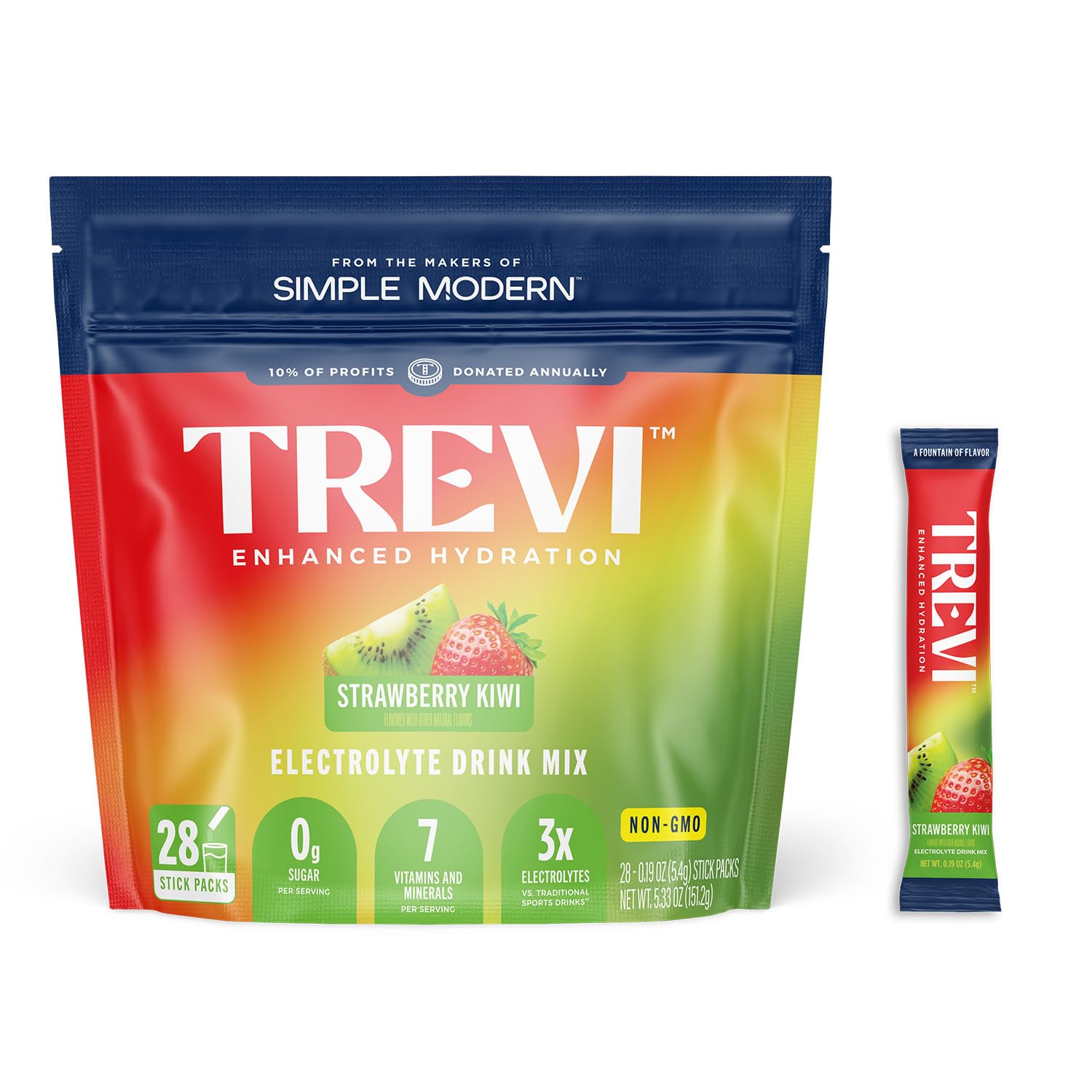 TREVISugar Free Electrolytes - Drink Mix Hydration Powder Packets - 28 Count - Strawberry Kiwi