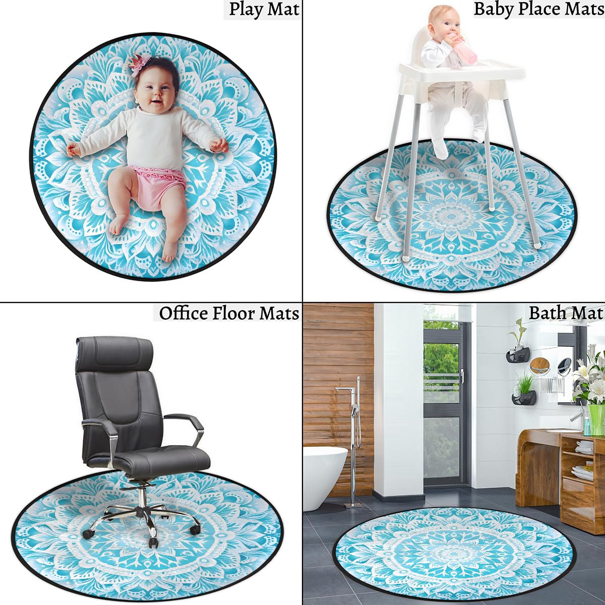 Mexpekil Teppich, rund, Mandala-Blumenmuster, für Wohnzimmer, waschbare Bodenmatte mit rutschfester Unterseite, 92 cm Durchmesser, moderne Heimdekoration