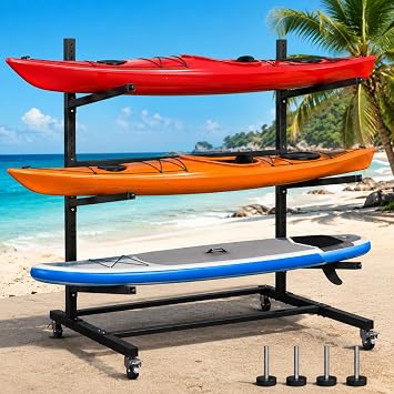 Kayak Storage Rack with Wheel, Adjustable Kayak Racks, Carbon Steel Water Sport Watercraft Storage Rack for Canoes or Surfboards