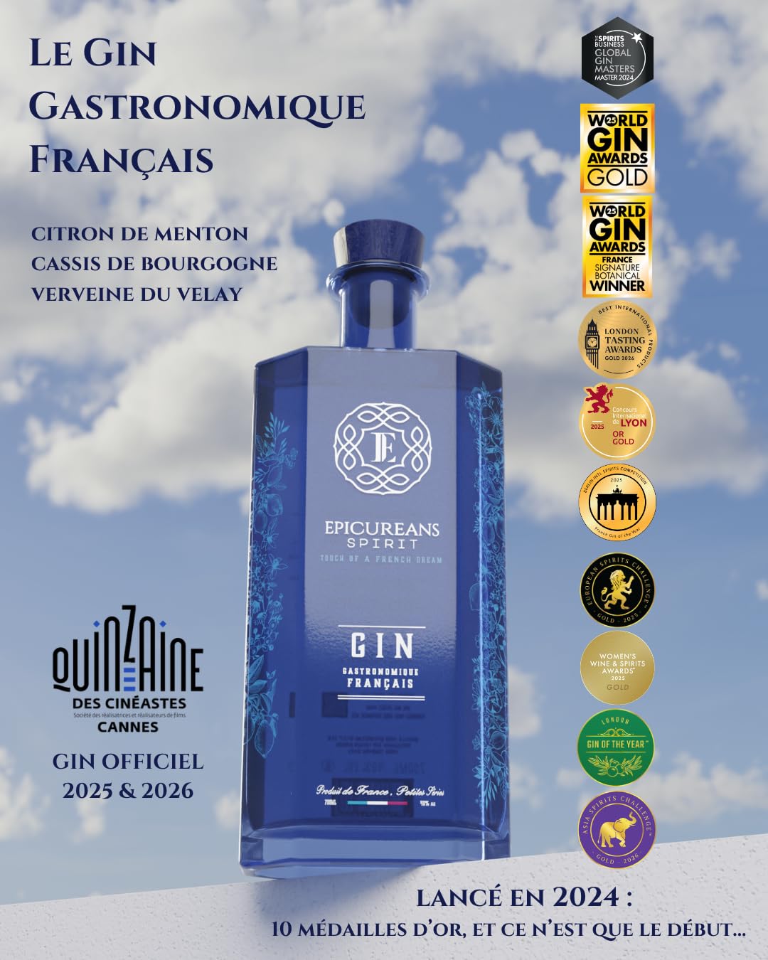 EPICUREANS SPIRIT - Le Gin Gastronomique Français, Citron de Menton, Cassis de Bourgogne et Verveine du Velay - 17 Médailles, 10 en Or - Gin Premium - 40%, 70cl