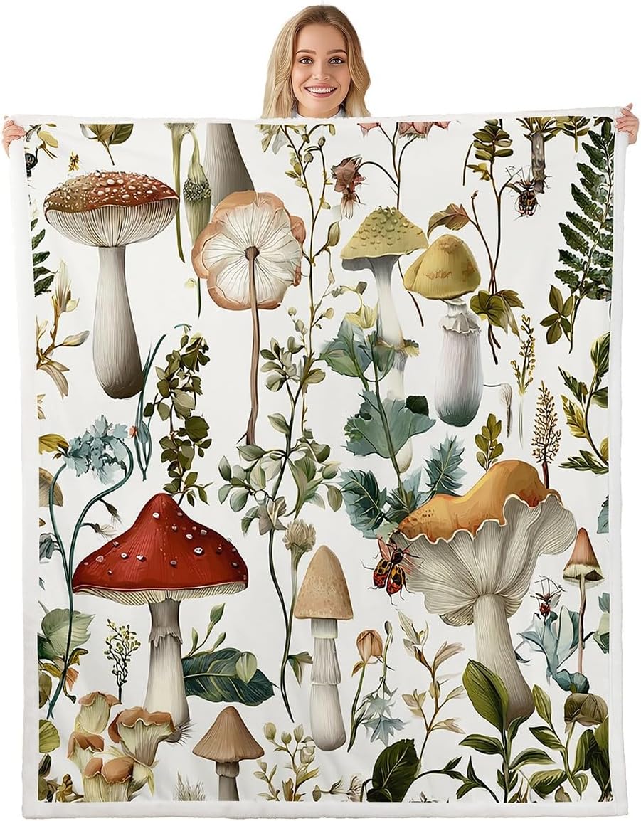 Mushrooms Moth Fleece Throw Blanket for Botancial Fungus Plush Blanket Decorative Wild Mushroom Stuff Sherpa Blanket Cute Mushroom Plants Fuzzy Blanket Twin 60"x80"