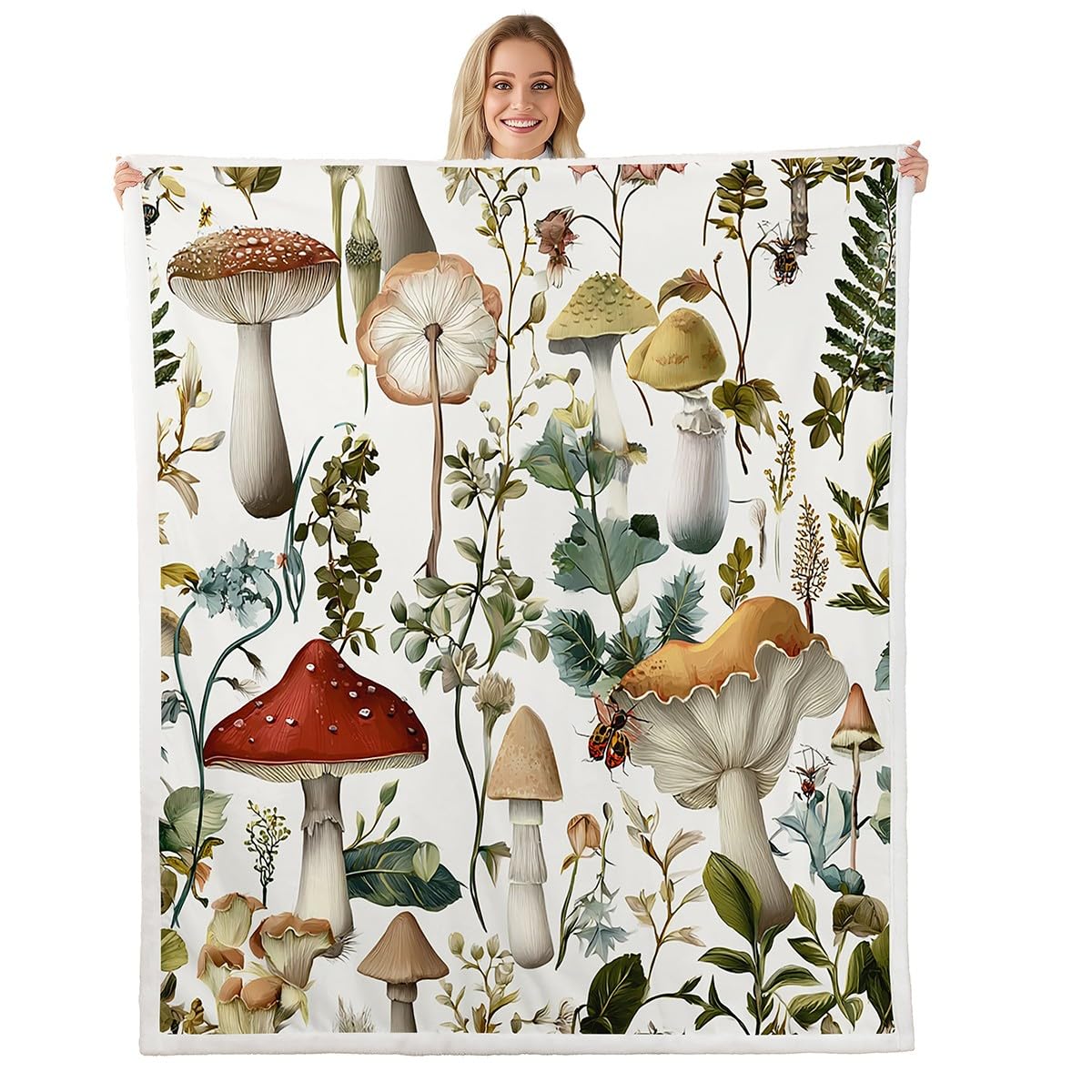 Feelyou Mushrooms Moth Fleece Throw Blanket for Botancial Fungus Plush Blanket Decorative Wild Mushroom Stuff Sherpa Blanket Cute Mushroom Plants