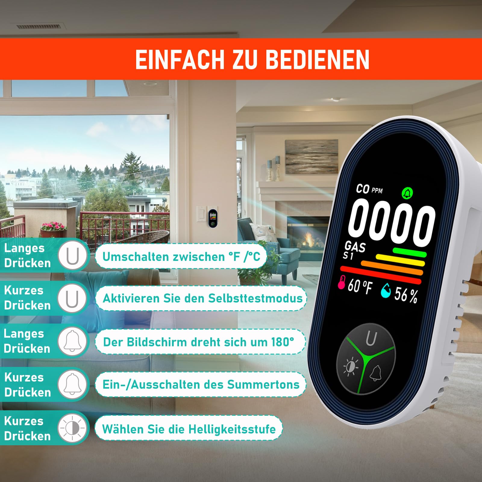LSENLTY Kohlenmonoxid- und Gasmelder mit Stecker, 4-in-1 CO-Melder mit Temperatur- & Luftfeuchtigkeitssensor, mit akustischem Alarm für Wohnmobile