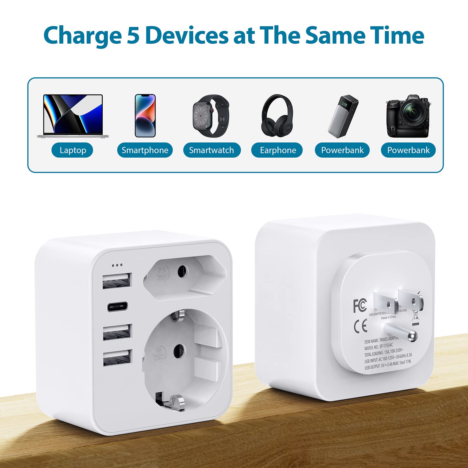 6 en 1 Adaptateur Prise France vers USA, Adaptateur Prise USA, Canada, Americaine avec 3 USB et 1 Type C (3,4A) et 2 Prises, Mexique Thaïlande Type B