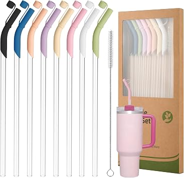 Reusable Tritan Straws with Silicone Tips 8 Pack, 11.8" BPA Free Drinking Straws Compatible with Stanley 40 oz 30 oz up Tumblers with Cleaning Brush, Dust-Proof Cover Cap for Car Travel Office Home