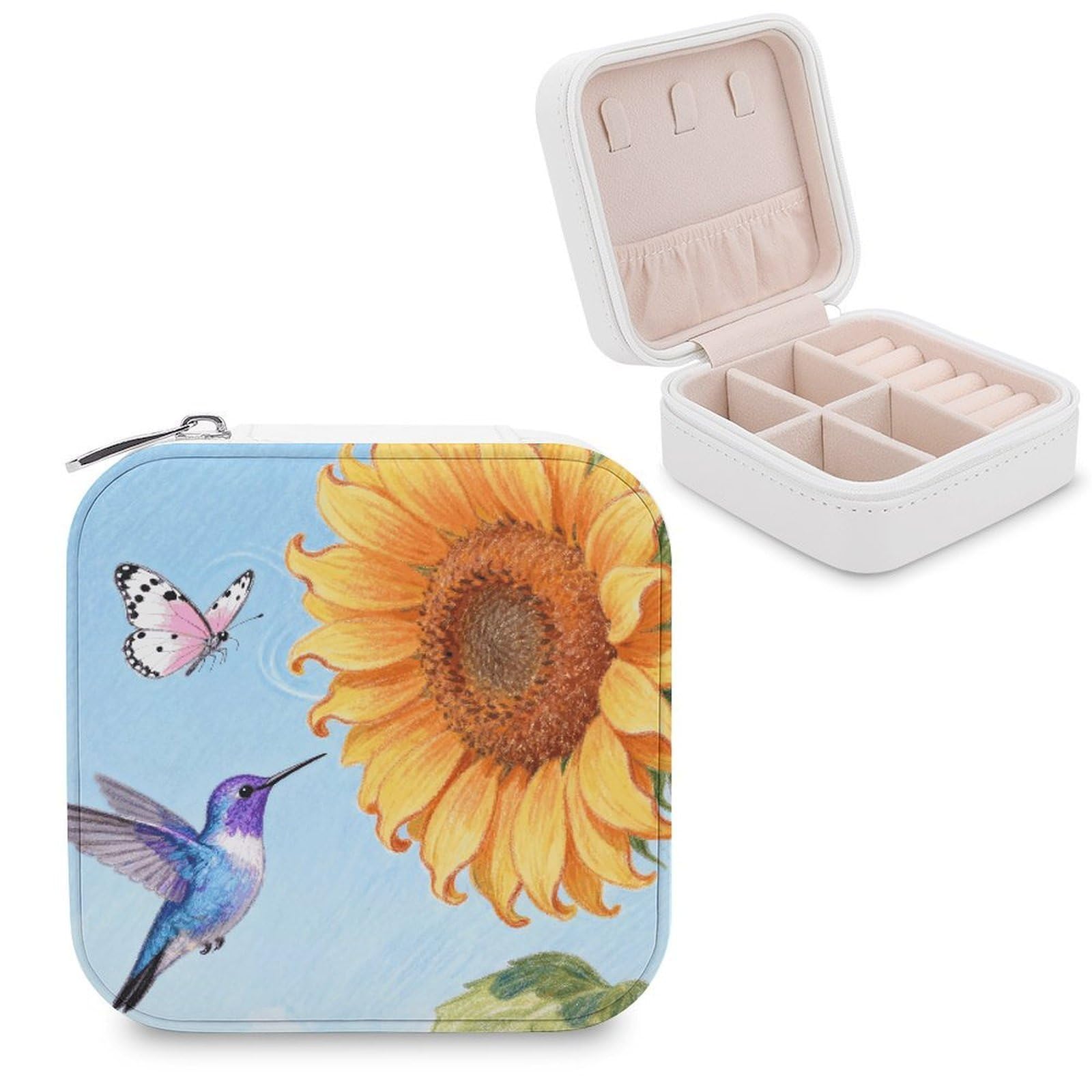 FekiLoot Hummingbirds Sunflower Butterfly Jewelry Box Exquisite Jewelry Organizer Silver Gold Trinket Storage Case Multi Compartments Cute Earrings Ring Necklace Holder For Woman Household Gift