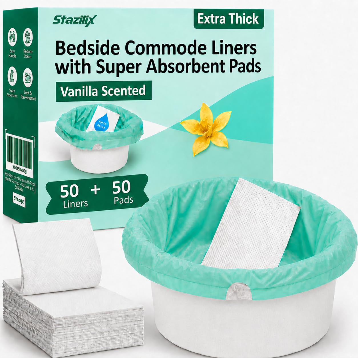 Extra Thick Bedside Commode Liners with Absorbent Pads, 50 Liners + Pads