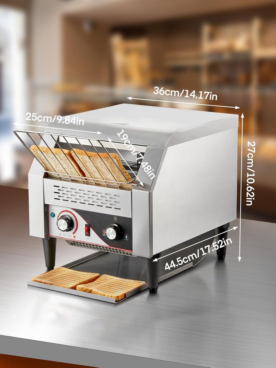 Commercial Conveyor Toaster, 350 Slices/Hour Electric Stainless Heavy Duty Restaurant Toaster, with Dual Heating Tube, 7 Browning Levels, for Bagel, Restaurant, Bakery Cafe, Silver