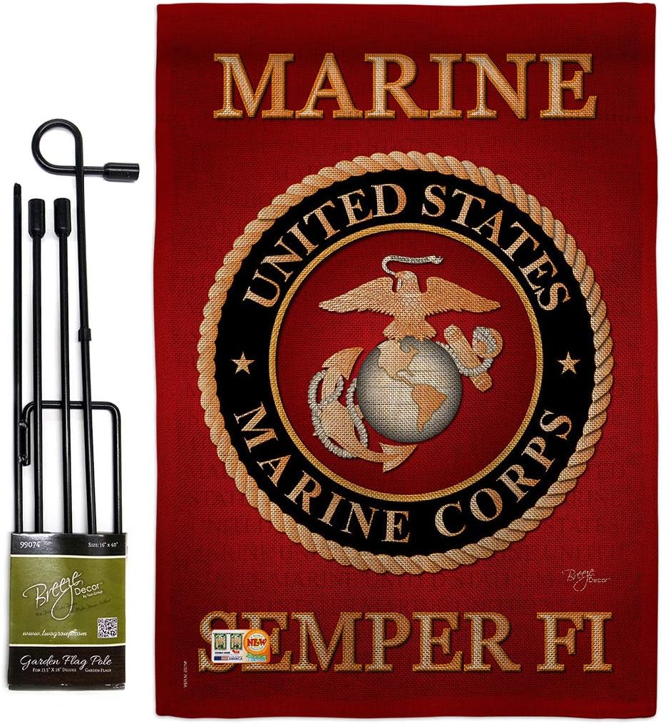 Marine Corps Burlap Garden Flag - Set with Stand Armed Forces USMC Semper Fi United State American Military Veteran Retire Official - House Banner Small Yard Gift Double-Sided Made In USA , Garden Flag 13"x 18.5"