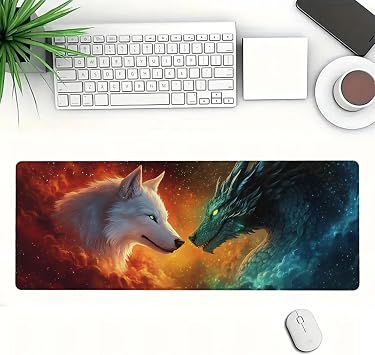 Dragon Wolf Gaming Mouse Pad Galaxy Medieval Fantasy Animal Dragon Mousepad Large Gaming Mouse Pad Laptop Keyboard Mat Non-Slip Rubber Base Keyboard Desk Pad for Home Office Study Game 31.5x11.8