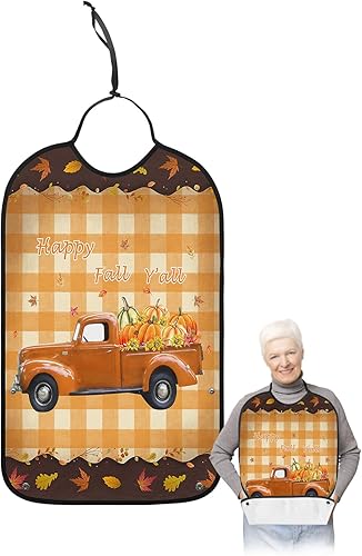 QueenKer Funny Adult Bibs for Eating, Happy Fall Y'all Pumpkin Truck Maple Leaves Waterproof Clothing Protector Washable Adult Bib with Crumb