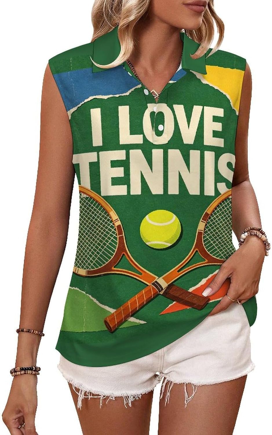 I Love Tennis Vintage Women Sleeveless Shirts Blouse X-Small | V-Neck Collar Button Down Beach Lightweight Polyester Top