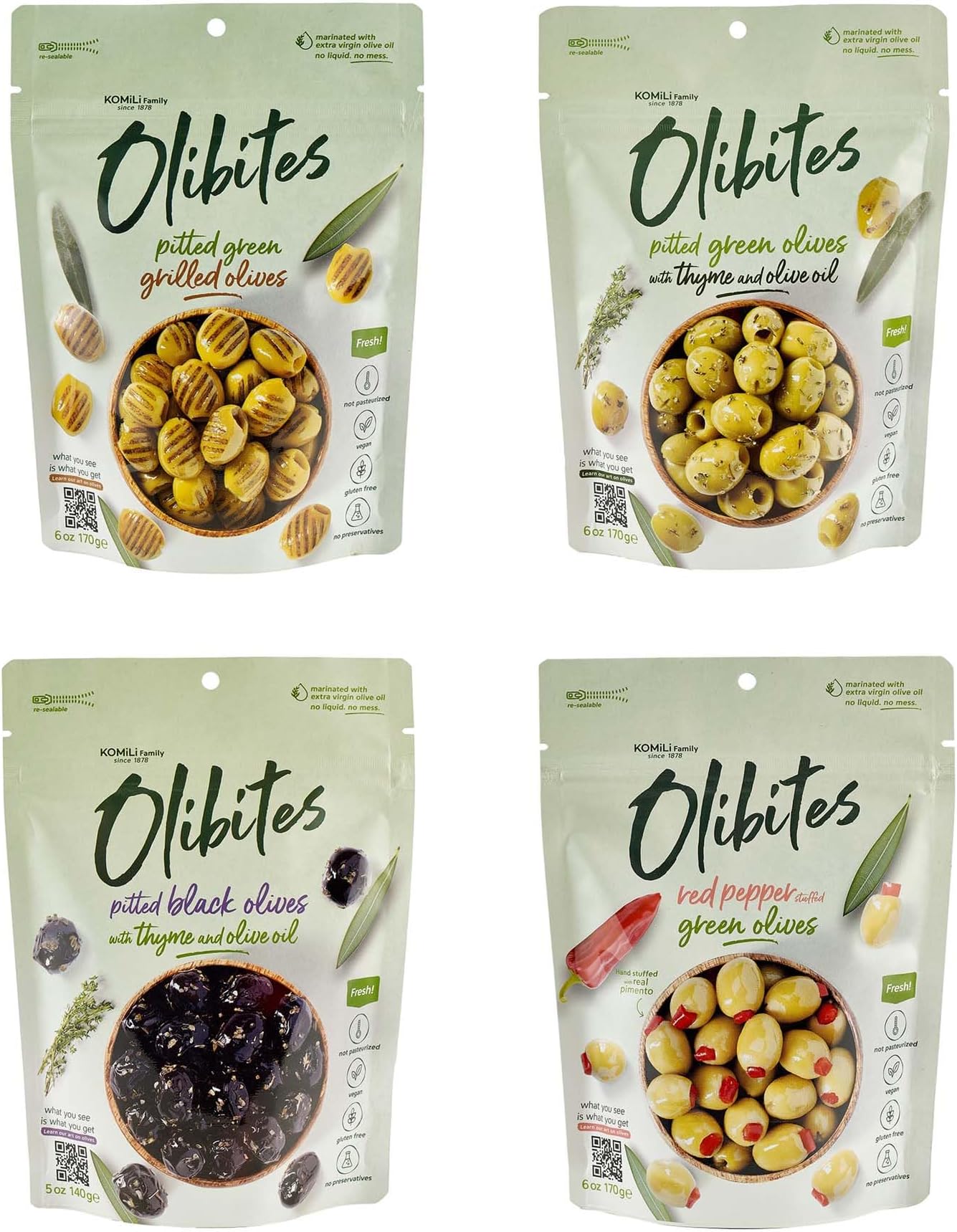 Olibites Pitted Olives - Fresh Olives Marinated in Extra Virgin Olive Oil (6 oz, Variety 4 pack)