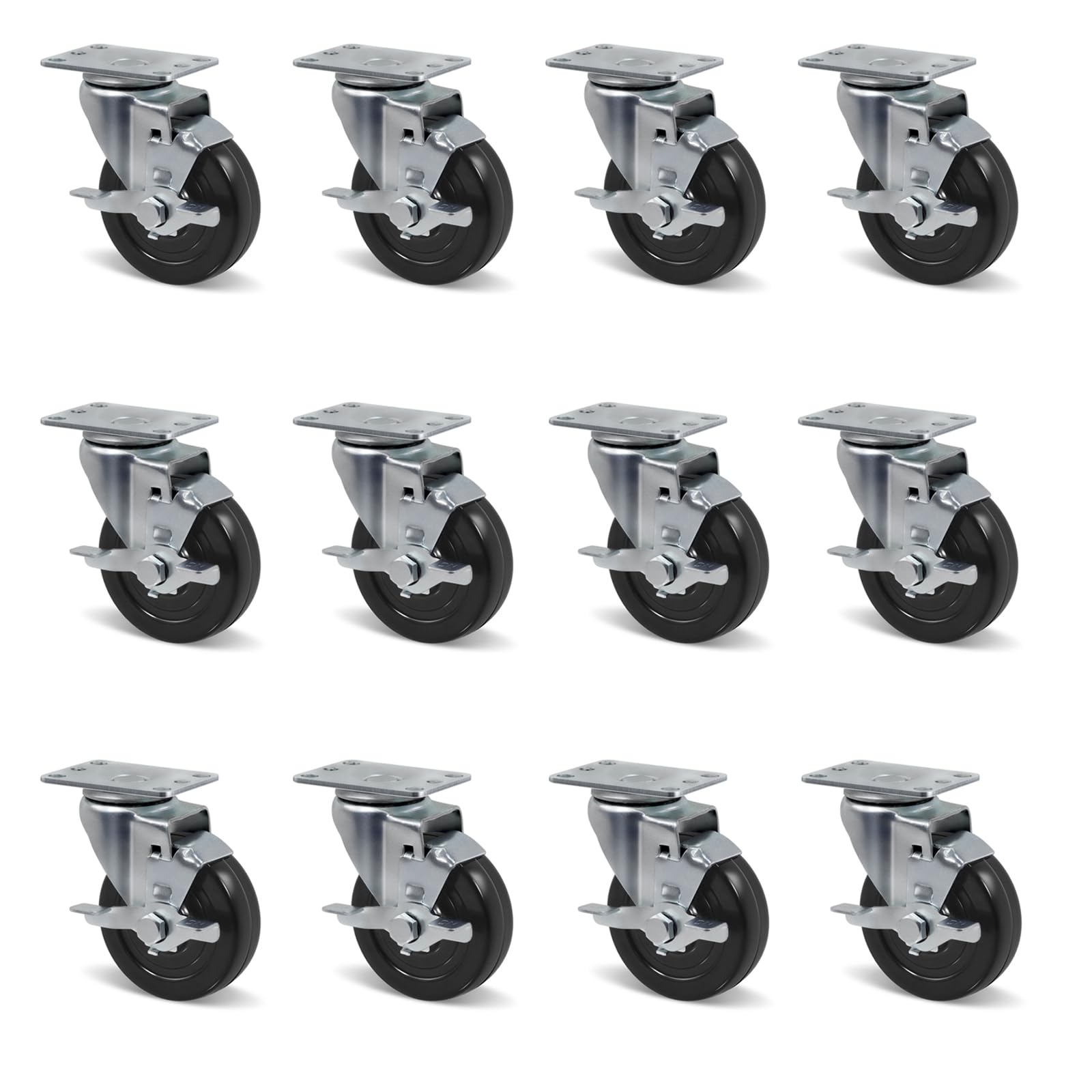 NINOSO 4" Caster Wheels, Heavy Duty Industrial Swivel Casters with Brake, Plate Hard Rubber Wheel for Cart Furniture Workbench (12 Brake)