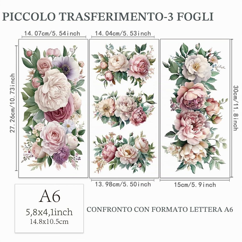 OLYCRAFT 3pz/set Decalcomanie Floreali per Mobili 15x30cm Adesivi Rosa Peonie per Mobili e Artigianato Adesivi per Trasferimento Floreale Adesivi per Mobili in Legno Decorazioni per La Casa