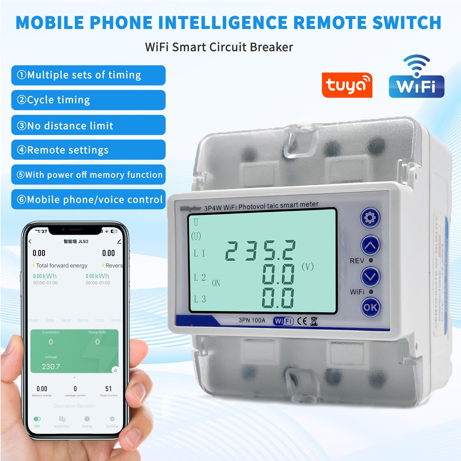 Contatore Energia Elettrica Wifi, 380VAC 100A Misuratore Consumo Elettrico WLAN Protezione di Richiusura Intelligente,Visualizzazione Energia Elettrica