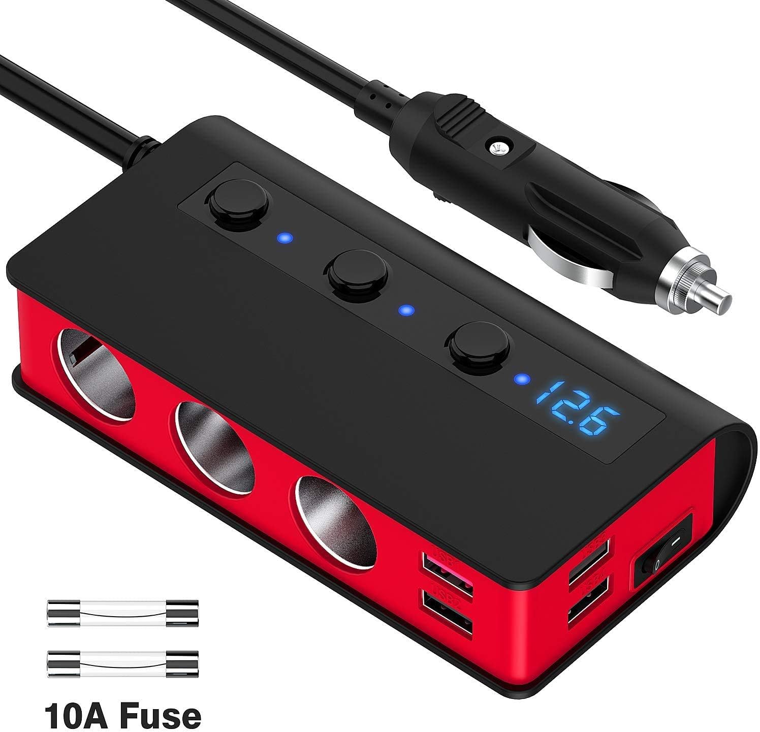 QC 3.0 Cigarette Lighter Adapter, 12V/24V DC 2 Socket Splitter Multi Power Outlet USB Car Charger with LED Voltmeter Switch 6.8A Dual USB Port for iPhone iPad Android Samsung GPS Dashcam