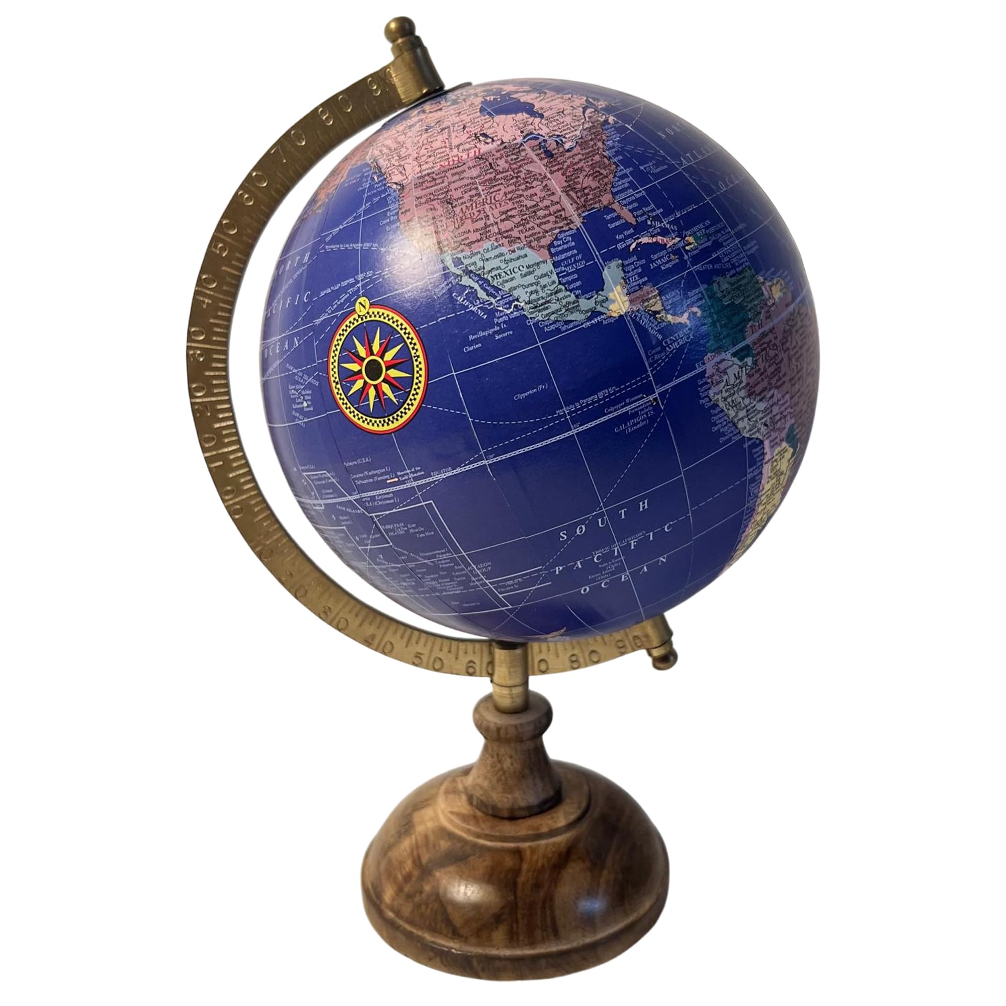 Thorness Multi-Coloured 20Cm Globe With Wooden Base & Metal Arc - Rotating Vintage World Globe, Educational Geographic Desktop Accessory