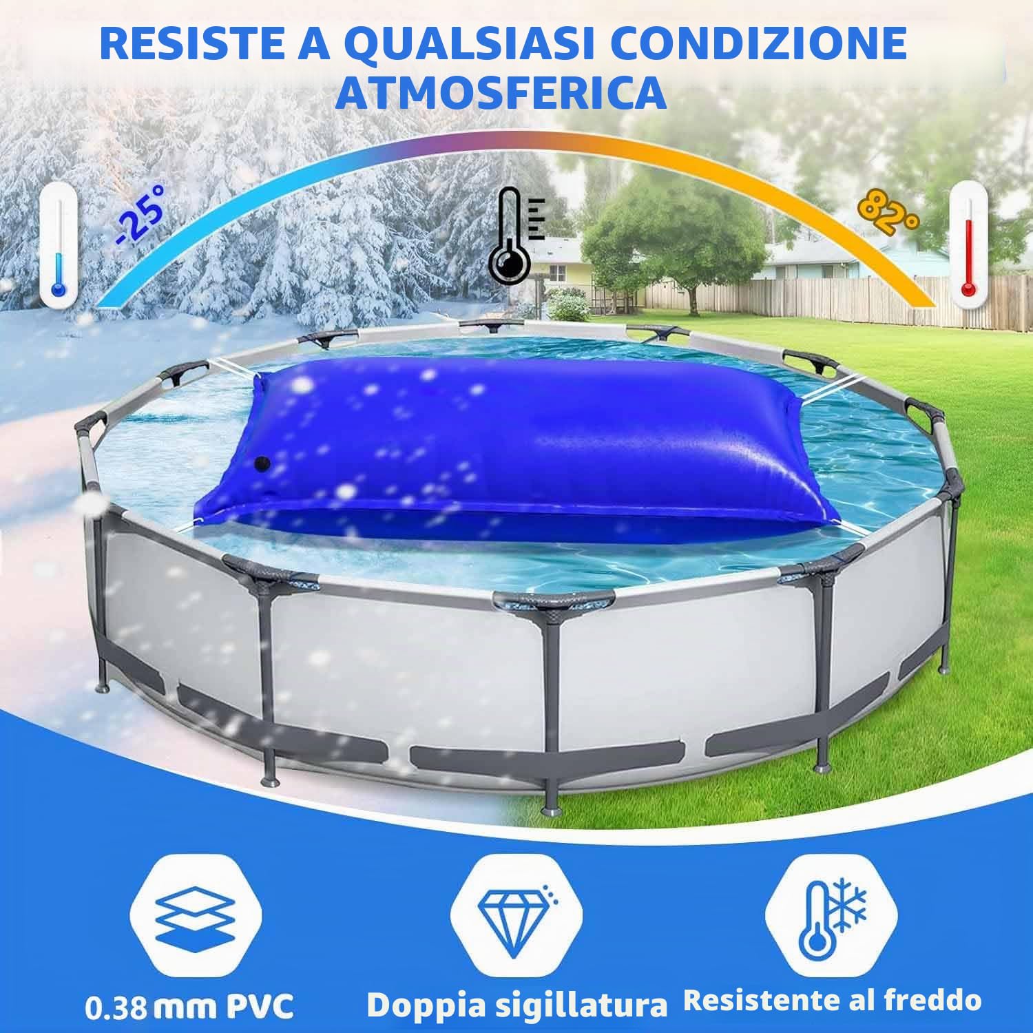 Panngu Cuscino per piscina 200 x 400 cm, cuscino d'aria per piscina invernale XXL, palloncino invernale con kit di riparazione per piscina invernale (2 x 4 m, blu)