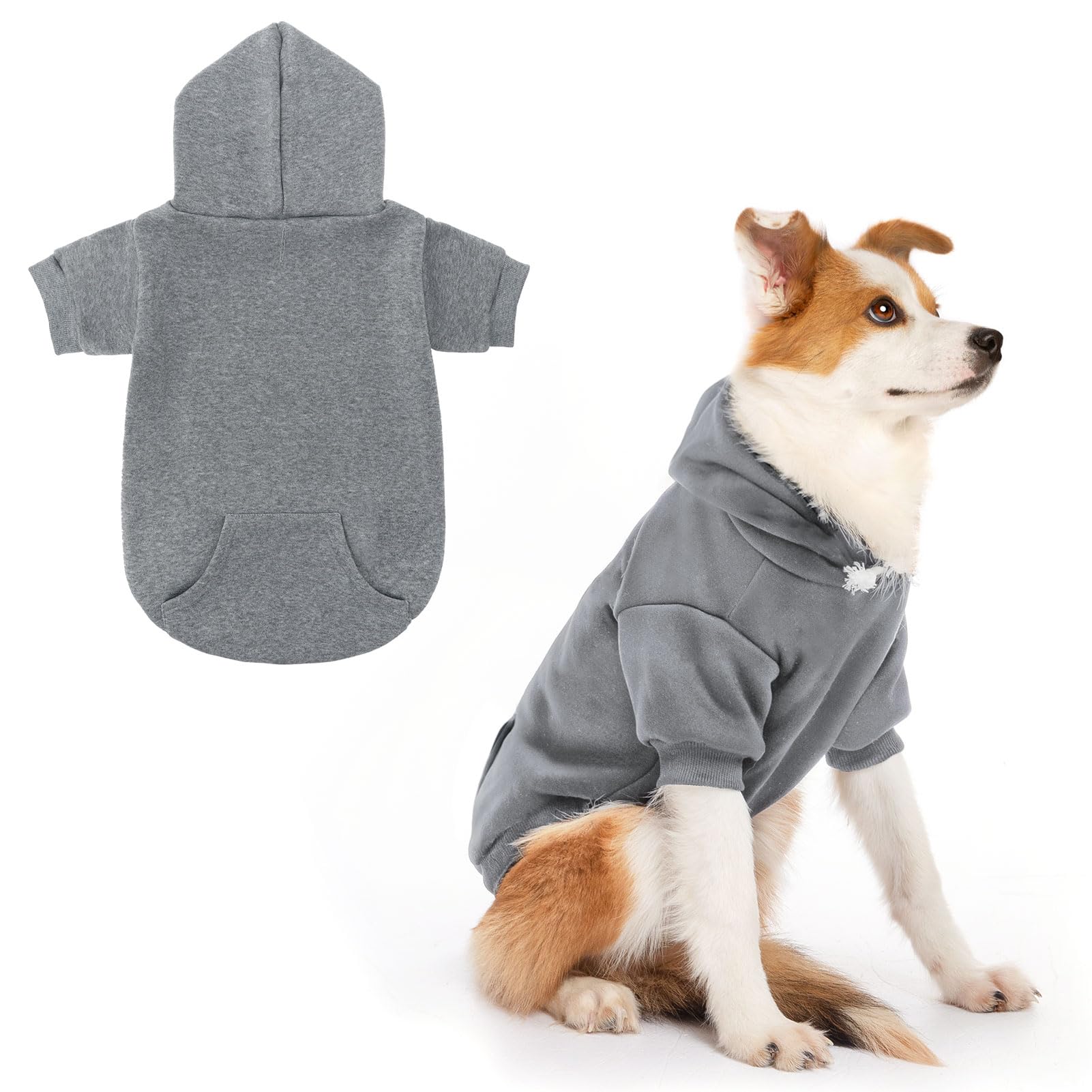 SCENEREAL Dog Hoodie - Fleece Dog Sweater with Hat & Pocket, Soft Cotton - All Weather Grey (SM, M, L)