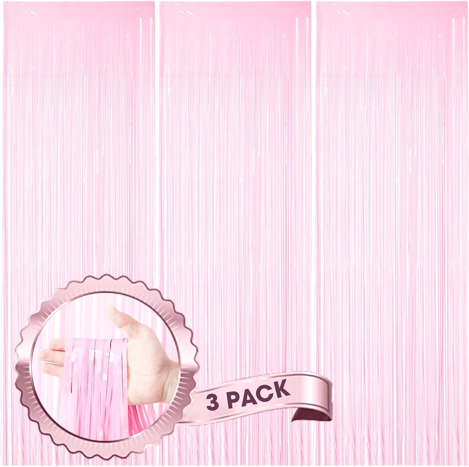 Voircoloria 3 Pack 3.3 x 8.2 ft Pasel Pink Foil Fringe Backdrop Curtains, Tinsel Streamers Birthday Party Decorations, Fringe Backdrop for Graduation, Baby Shower, Gender Reveal, Disco Party