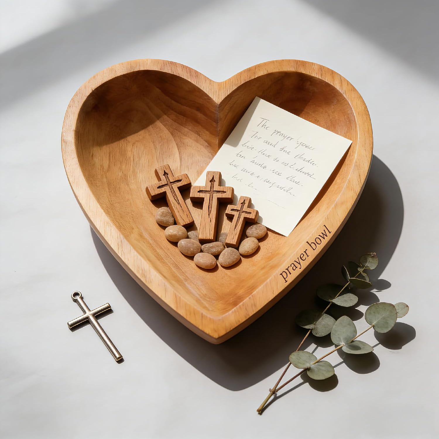 8 Inch Wooden Heart Prayer Bowl with 12 Cards, Rustic Cross Carved Decor