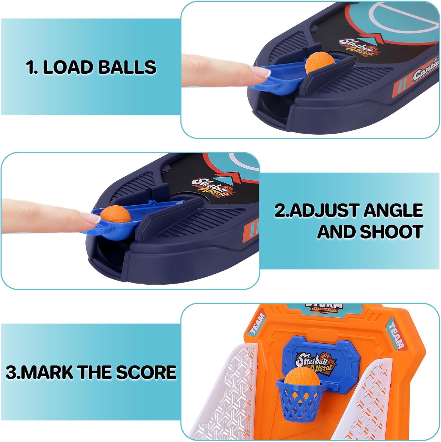 Storm Solo Basketball Table Game, with an Orange and Blue Color Scheme, a Tabletop Game, Featuring a Press-Start Design, an Indoor Game Console, and Equipped with 4 Balls.