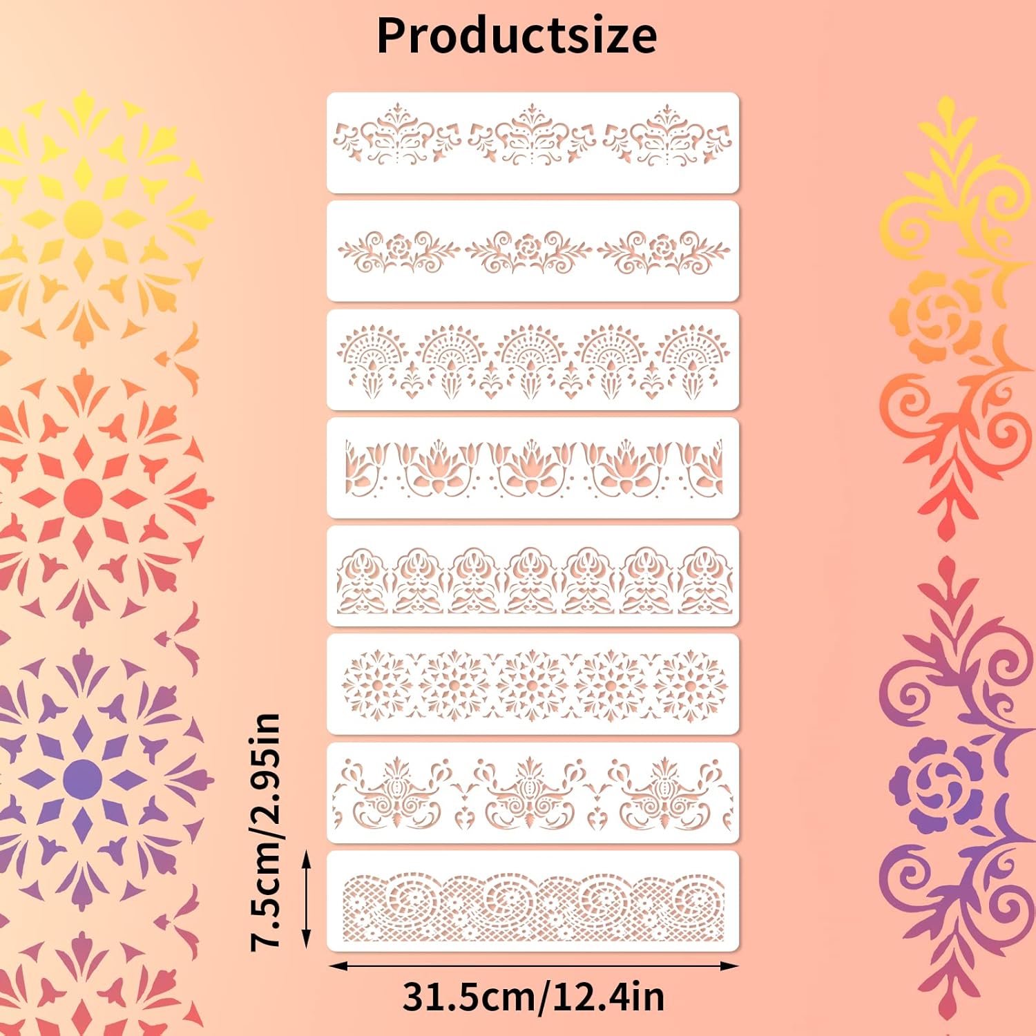 Prasacco 8-Piece Flower Border Stencils - Ornate Mandala Stencils for Painting on Wood, Canvas, Paper, Fabric, Cake, Wall - Image 2