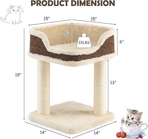 Miniatura 6 de PETSITE Árbol pequeño para gatos de 19 pulgadas, torre para gatos alfombrada con percha grande de felpa y postes rascadores, moderno centro de