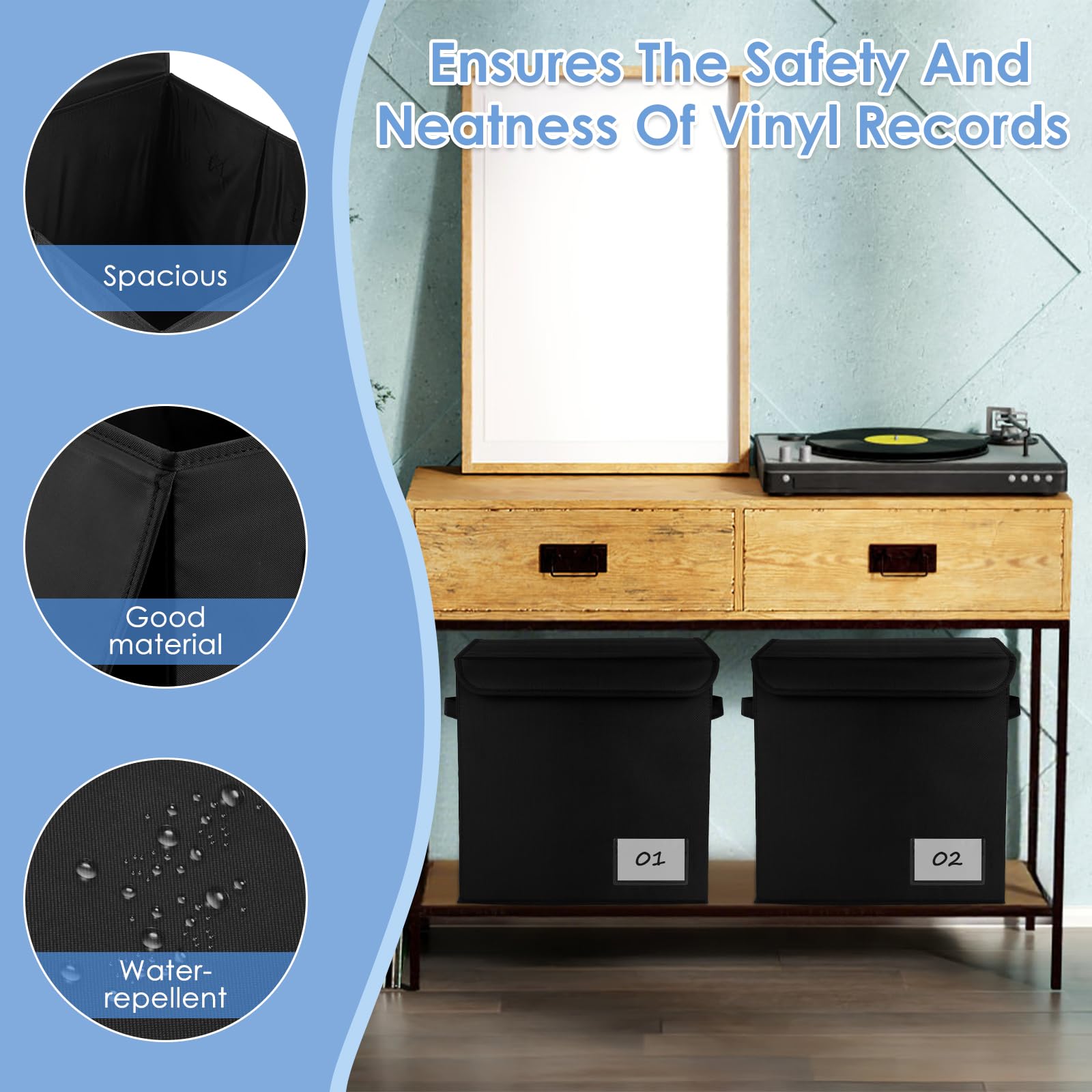 Lot de 4 Boîte de Rangement pour Disques Vinyles, Oxford Tuch Klappbar Boîtes de Rangement Pliables, 13 Zoll Schallplatten Box mit Deckel und Griffen für Wertvolles Album Collectionner