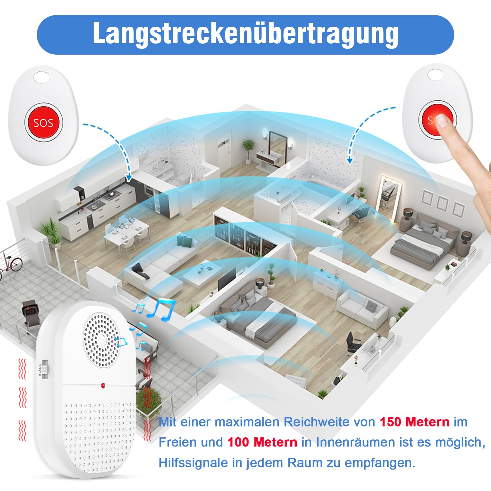 Daytech Przycisk awaryjny w podeszłym wieku, ostrzeżenie osób starszych z alertem wibracyjnym, przycisk połączenia alarmowego może być używany w domach / domach starszych/szpitalach (1 odbiornik + 2