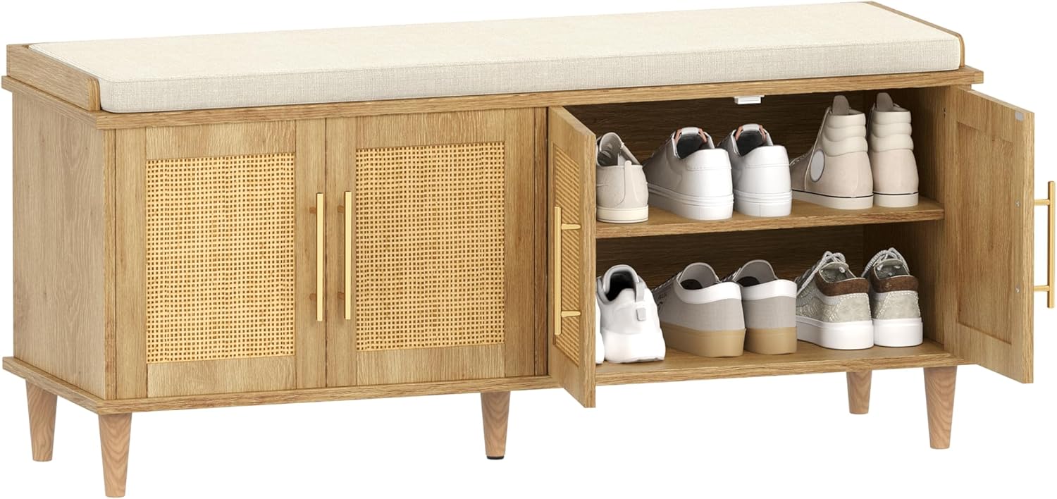 Akxomel Rattan Shoe Storage Bench with Cushion, 2-Tier Entryway Bench with Adjustable Shelves and 4 Doors, Solid Wood Legs, for Hallway, Living Room, Bedroom, Natural Oak *DAMAGED BOX*