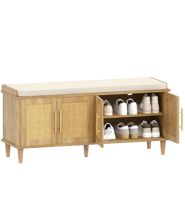 Akxomel Rattan Shoe Storage Bench with Cushion, 2-Tier Entryway Bench with Adjustable Shelves and 4 Doors, 15" D x 47.2" W x 20" H, Solid Wood Legs, for Hallway, Living Room, Bedroom, Natural Oak by Akxomel - Image 8