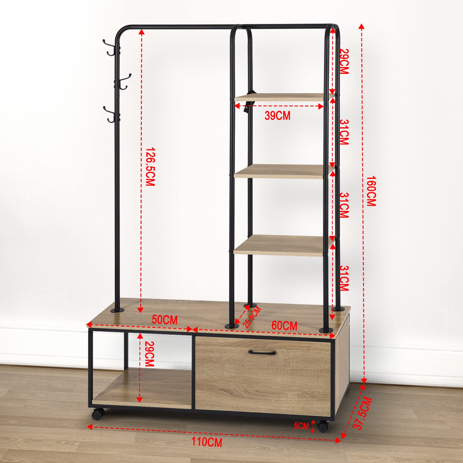eSituro Perchero Ropa con 5 Estantes y Zapatero Industrial con Rueadas, para Entrada Recibidor con 3 Ganchos y 1 Armario con Puerta, Madera+Acero, Roble Claro + Negro