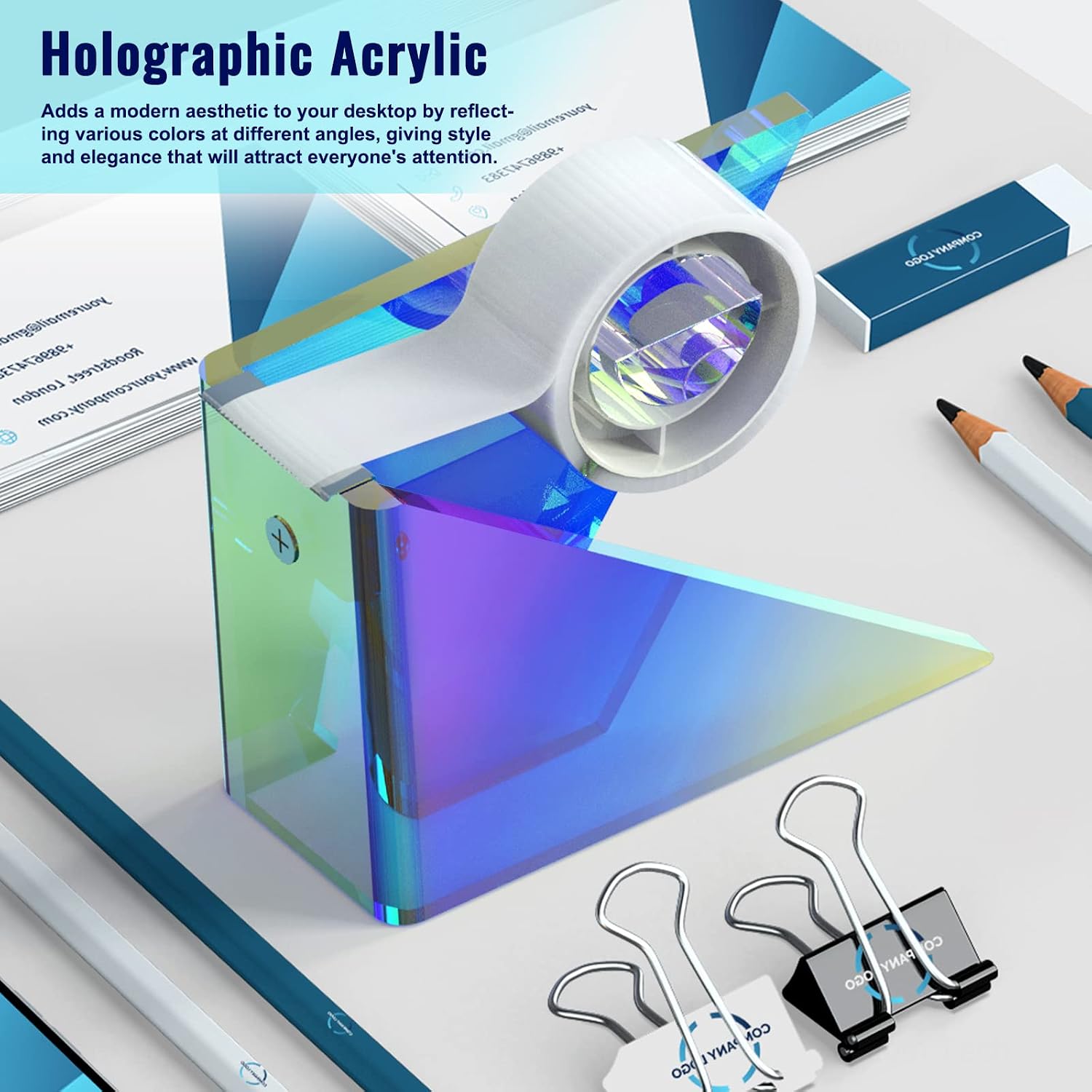 Iridescent Acrylic Tape Dispenser with Sharp Stainless Steel Sawtooth for Standard 1 Inch Roll, Colorful Clear Aesthetic School Supplies Office Desktop Décor