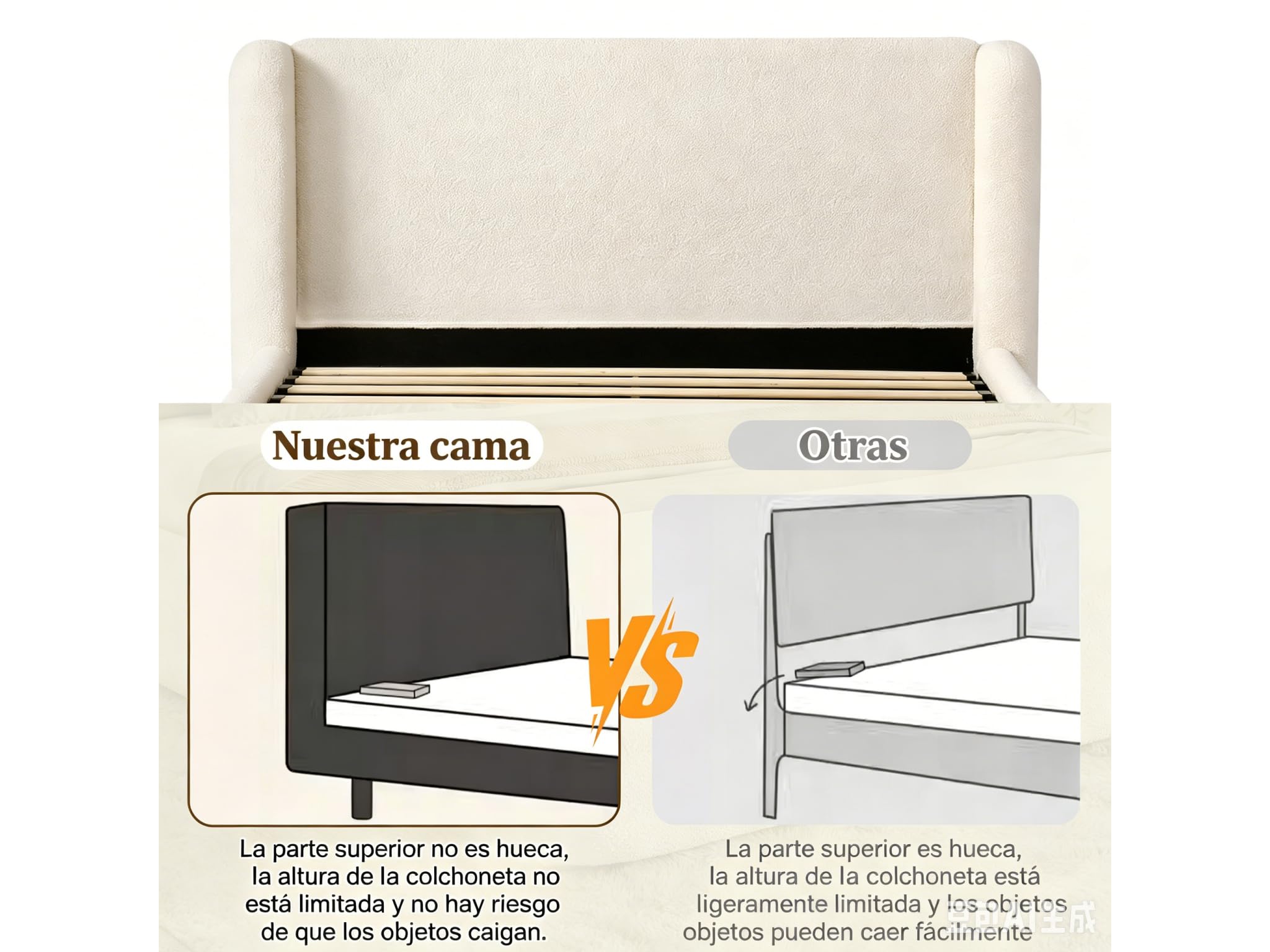 Mrwoo Cama Tapizada 160x200cm de Almacenamiento Hidráulico, Cama con Somier de Láminas, Bouclé, Beige (Cama Sin Colchón)