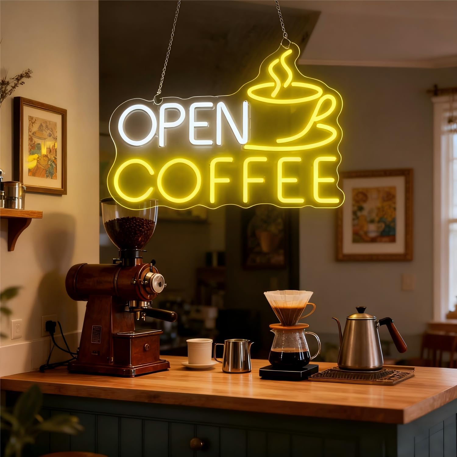 Open Coffee LED Neon Sign for Shops, Home Coffee Bar Essential, Espresso Stations, Front Window, Nook Decors,10-Level Brightness Adjustable,Neon Light Sign 17Inch,Warm White and Yellow