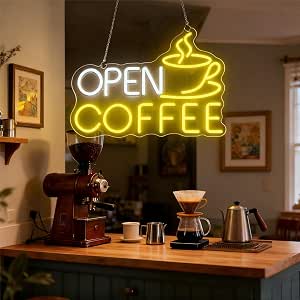 Open Coffee LED Neon Sign for Shops and Home Coffee Bars, 17 Inch, Dimmable Brightness, Warm White and Yellow
