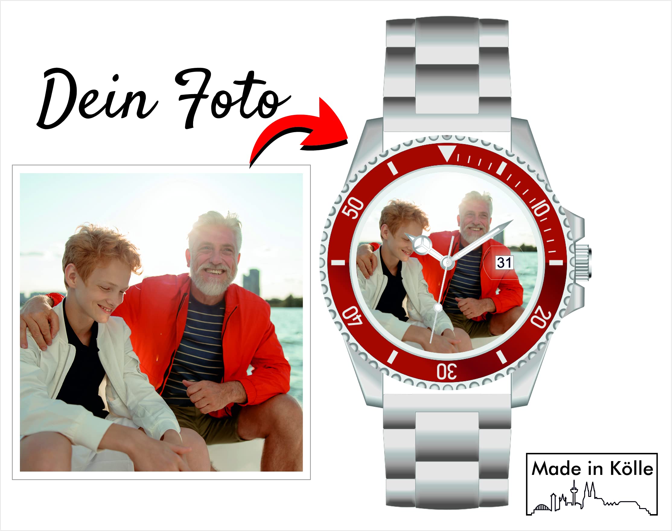 memories Orologio con foto, diametro 40 mm, cinturino in acciaio inox, 3 bar, datario, prodotto in Germania, argento, Bracciale