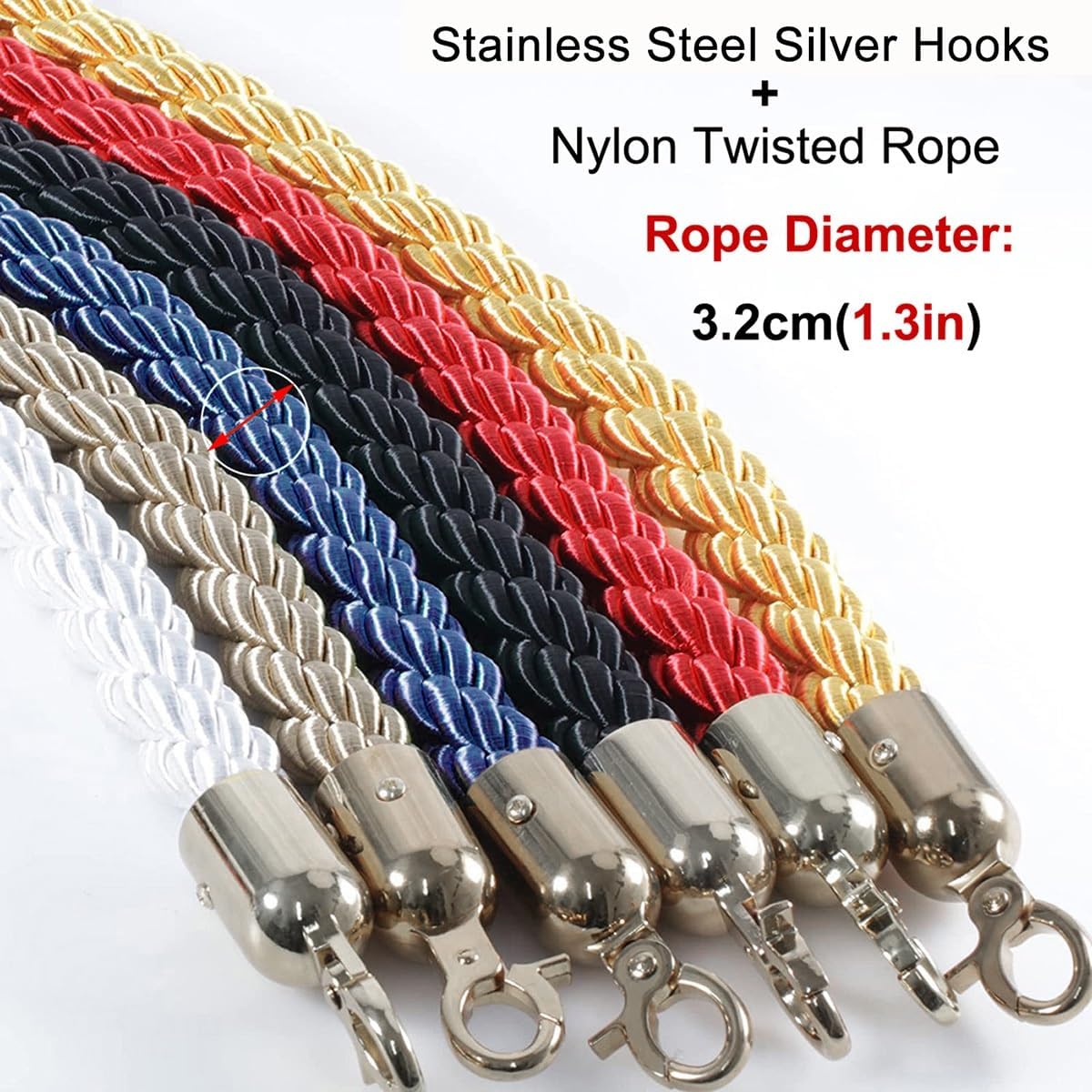 Crowd Control Stanchion Ropes with Silver Hooks Twisted Rope for Queue Management 3/4/5/8/12 Feet Braided Hemp Barrier Rope for Event & Line Management
