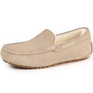 KIDMI Womens Genuine Suede Moccasin Slippers Fluffy Cozy House Shoes with Soft Sole Indoor Outdoor