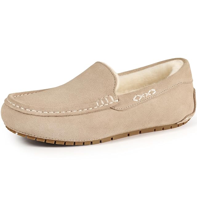 KIDMI Womens Genuine Suede Moccasin Slippers Fluffy Cozy House Shoes with Soft Sole Indoor Outdoor