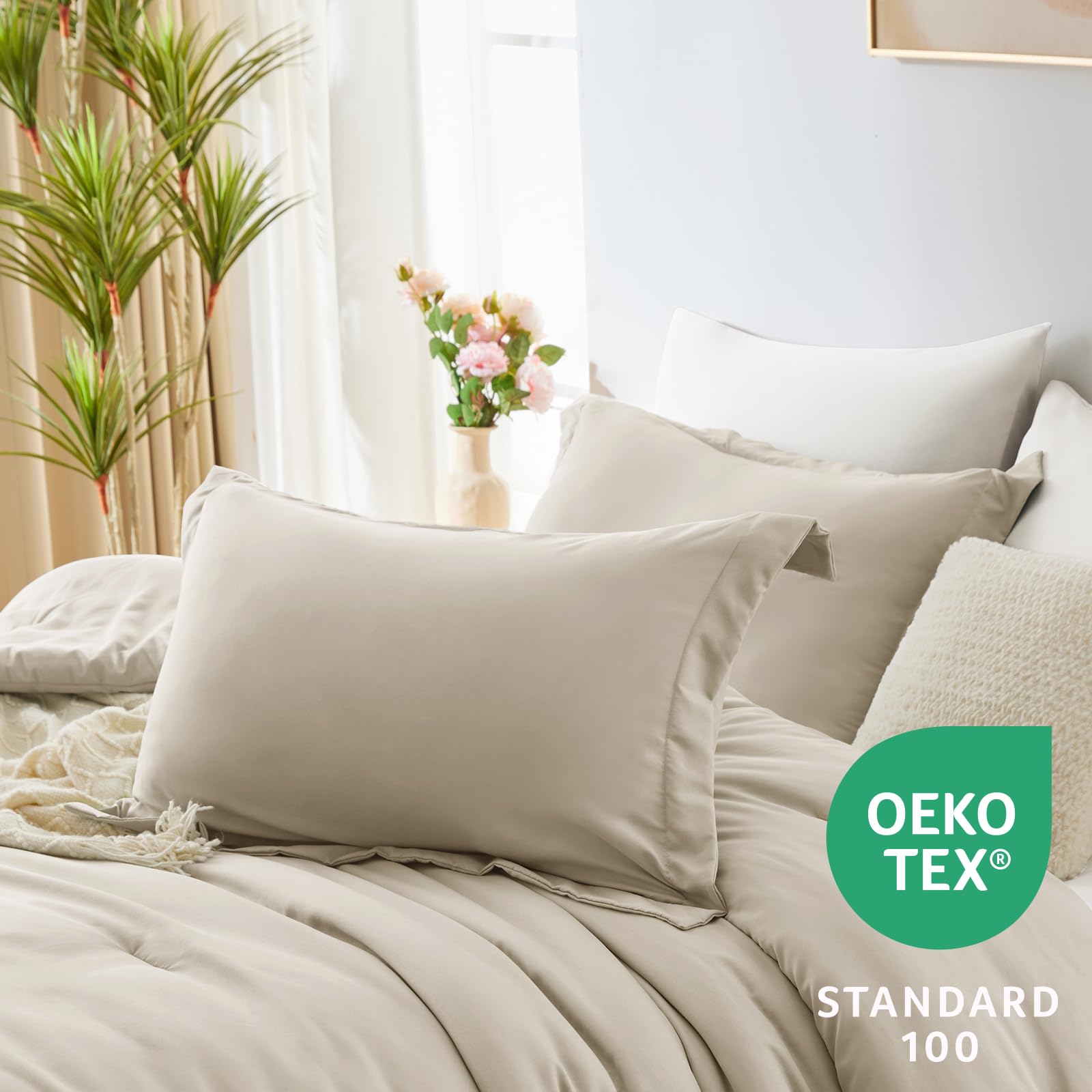 CozyLux Sage Green Comforter Set Queen 7 Pieces Queen Bedding Set Contrasting Design with Comforter, Flat Sheets, Fitted Sheet, Pillowcases & Shams, Boho Bed in a Bag Queen for All Season